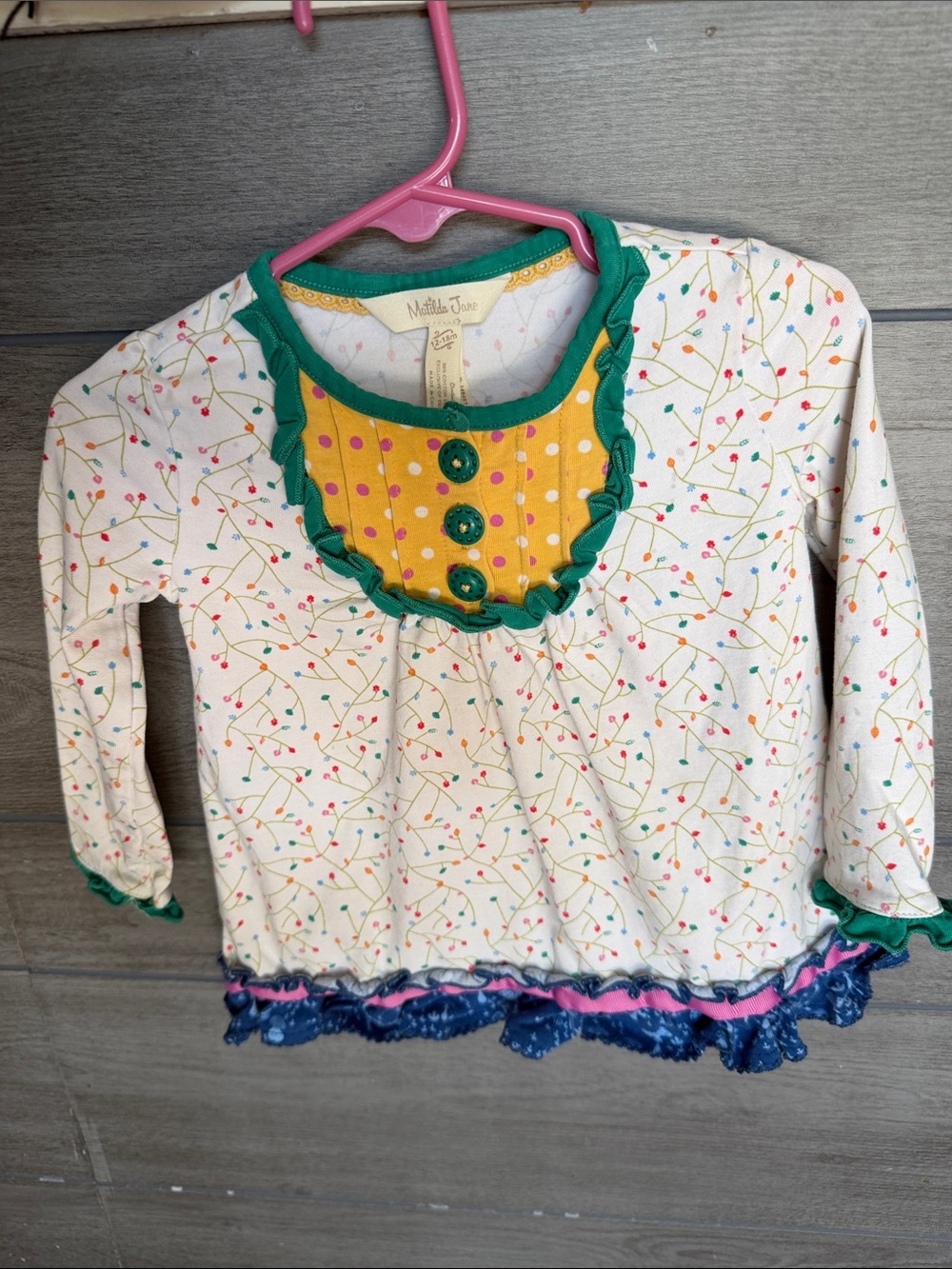 Matilda Jane Cream Floral Long-Sleeve Top with Yellow Bib and Green Trim